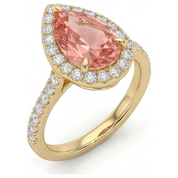 Bague Halo Pavée en Or Jaune 14K avec Véritable Saphir Padparadscha Poire Couleur Pêche 2,8 Carats