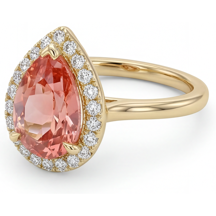 Bague Halo en Or Jaune 14K avec Saphir Padparadscha Rose Naturel Poire 2,8 Carats, Anneau Simple