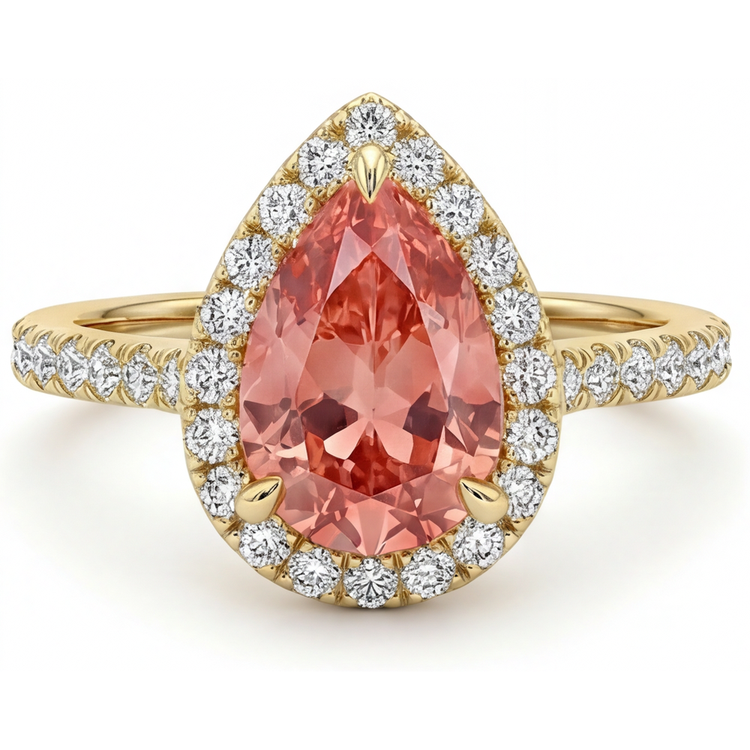 Bague Halo Pavée en Or Jaune 14K avec Véritable Saphir Padparadscha Poire Couleur Pêche 2,8 Carats