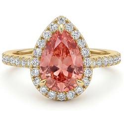 Bague Halo Pavée en Or Jaune 14 carats avec Saphir Padparadscha Véritable Poire Couleur Pêche 2,8 Carats