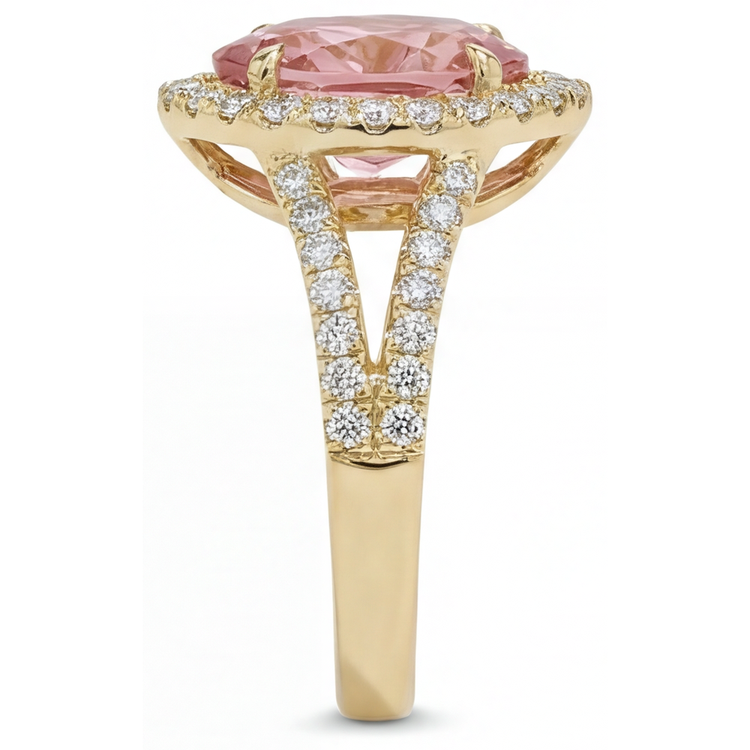 Bague Halo à Corps Fendu en Or Jaune 14K avec Saphir Padparadscha Pêche Véritable Taille Poire de 2,8 Carats