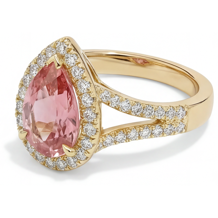 Bague Halo à Corps Fendu en Or Jaune 14K avec Saphir Padparadscha Pêche Véritable Taille Poire de 2,8 Carats