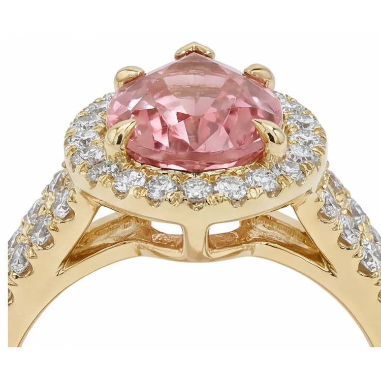 Bague Halo à Corps Fendu en Or Jaune 14K avec Saphir Padparadscha Pêche Véritable Taille Poire de 2,8 Carats