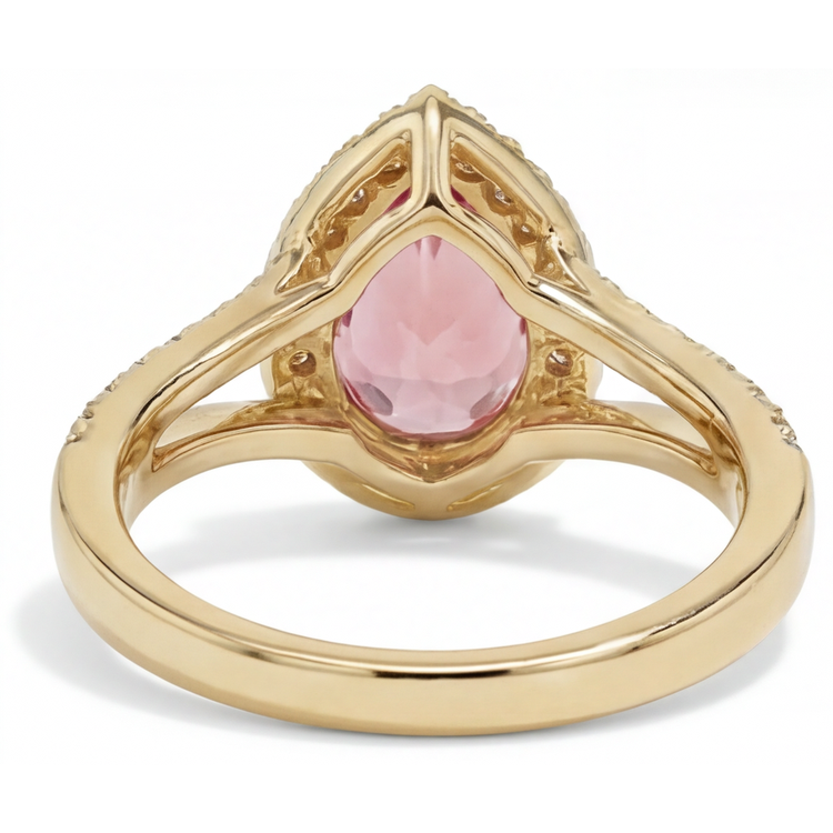Bague Halo à Corps Fendu en Or Jaune 14K avec Saphir Padparadscha Pêche Véritable Taille Poire de 2,8 Carats