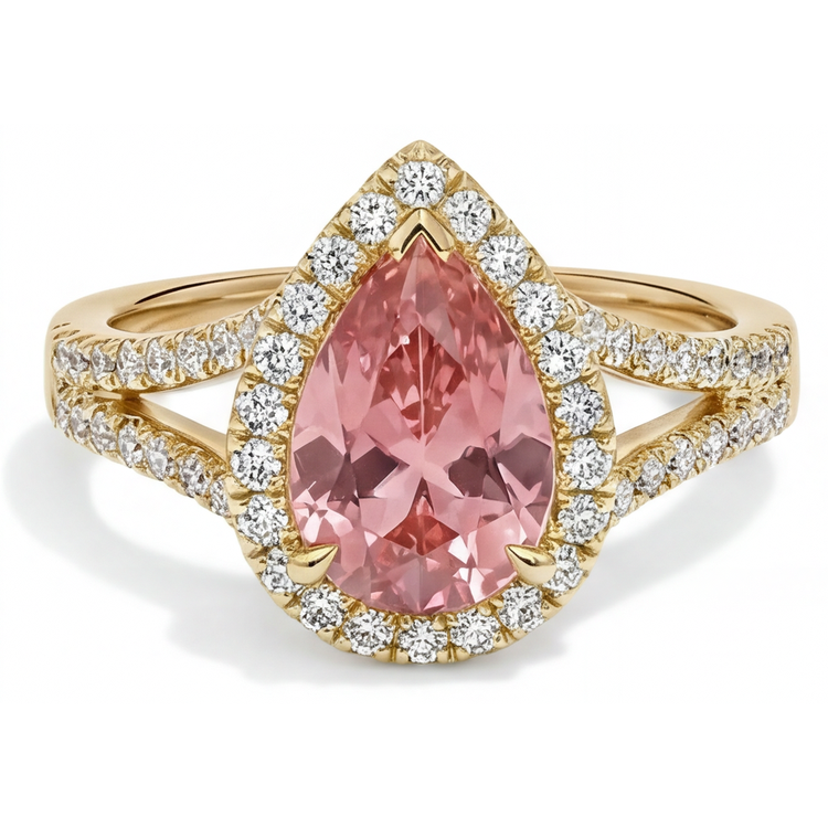 Bague Halo à Corps Fendu en Or Jaune 14K avec Saphir Padparadscha Pêche Véritable Taille Poire de 2,8 Carats