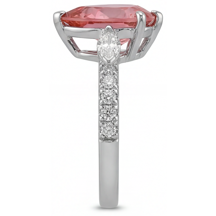 Bague trois pierres en Or Blanc 14 carats avec saphir Padparadscha pêche véritable taille poire 2,9 carats