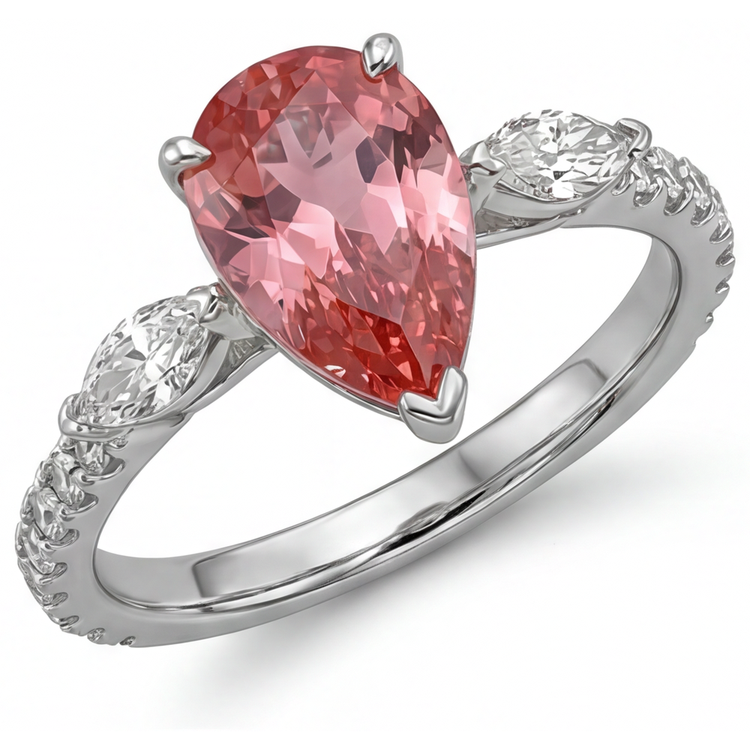 Bague trois pierres en Or Blanc 14 carats avec saphir Padparadscha pêche véritable taille poire 2,9 carats