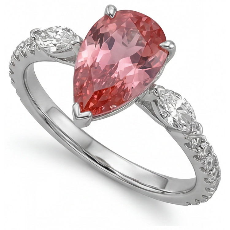 Bague trois pierres en Or Blanc 14 carats avec saphir Padparadscha pêche véritable taille poire 2,9 carats