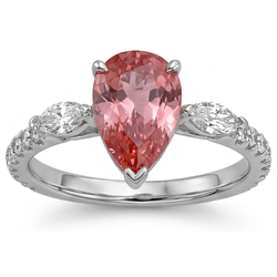 Bague trois pierres en Or Blanc 14 carats avec saphir Padparadscha pêche véritable taille poire 2,9 carats