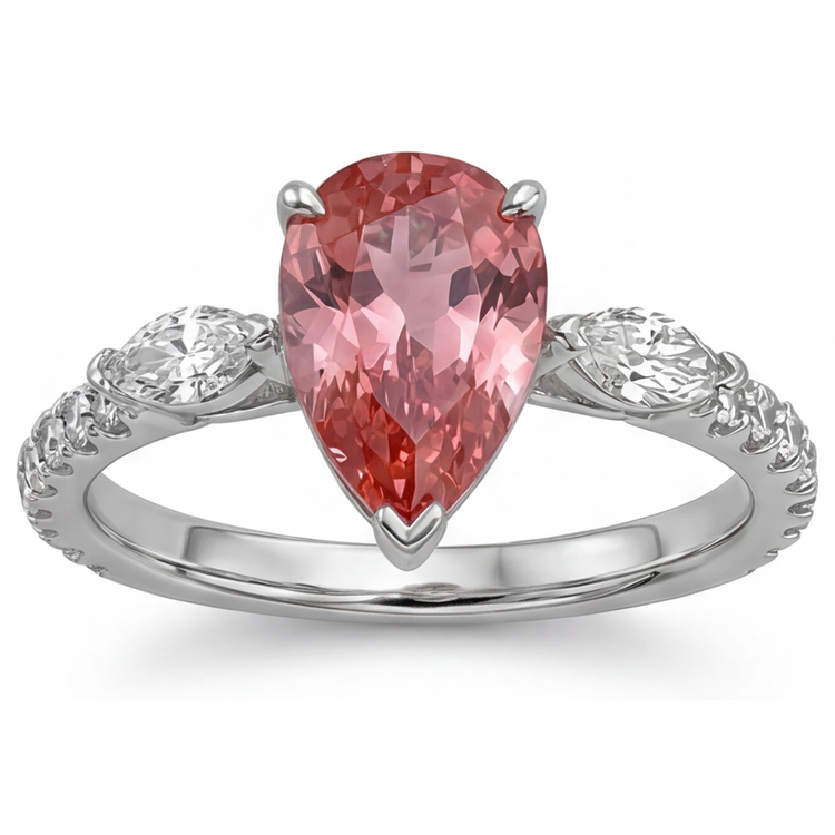 Bague trois pierres en Or Blanc 14 carats avec saphir Padparadscha pêche véritable taille poire 2,9 carats