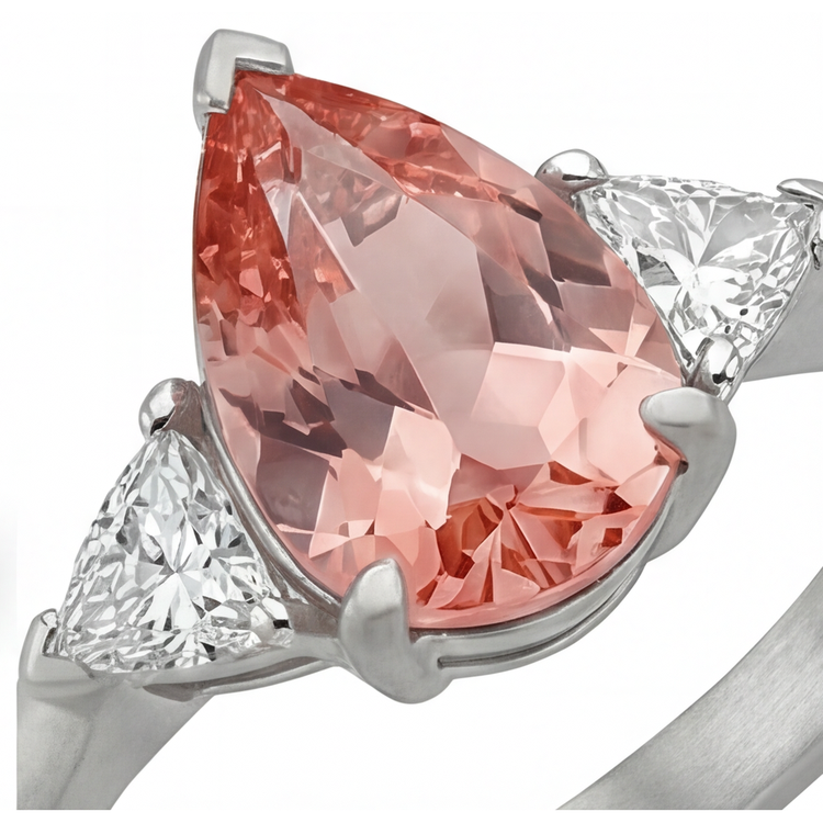 Bague de Fiançailles Trois Pierres en Or 14 Carats avec Saphir Padparadscha Véritable Poire 2,9 Carats et Trilliants Blancs