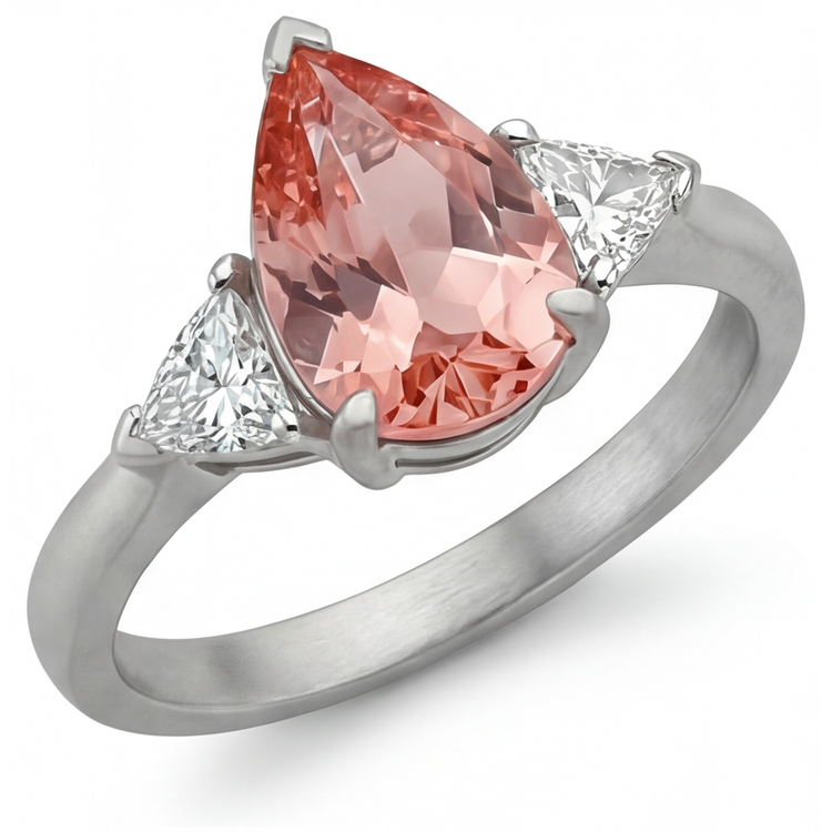 Bague de Fiançailles Trois Pierres en Or 14 Carats avec Saphir Padparadscha Véritable Poire 2,9 Carats et Trilliants Blancs
