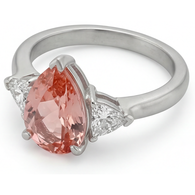 Bague de Fiançailles trois pierres en or 14 carats, saphir Padparadscha véritable taille poire 2,9 carats et trilliants blancs