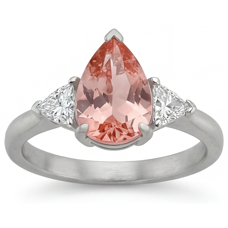 Bague de Fiançailles trois pierres en or 14 carats, saphir Padparadscha véritable taille poire 2,9 carats et trilliants blancs