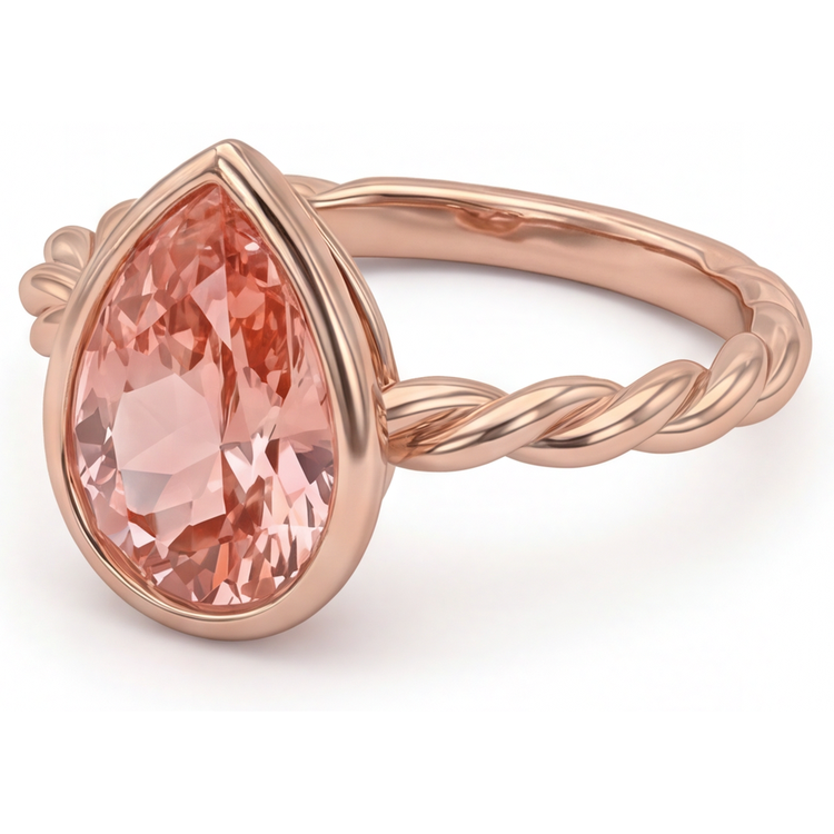 Bague Solitaire Lunette Saphir Padparadscha Pêche Naturel Poire 2,5 Carats en Or Rose 14K