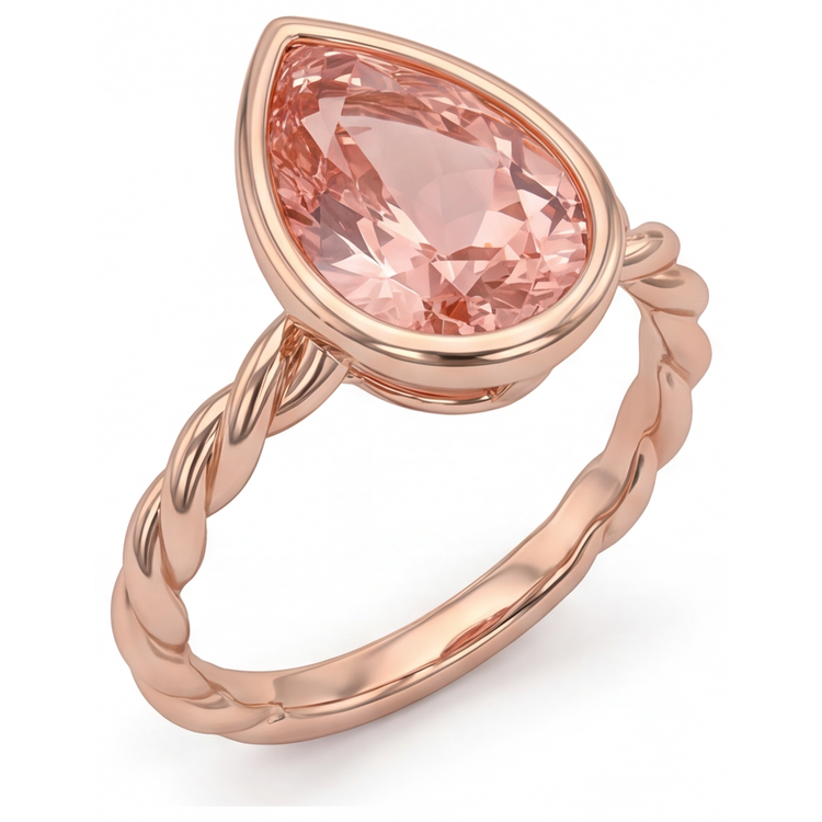 Bague Solitaire Lunette Saphir Padparadscha Pêche Naturel Poire 2,5 Carats en Or Rose 14K