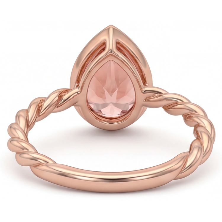 Bague Solitaire Lunette Saphir Padparadscha Pêche Naturel Poire 2,5 Carats en Or Rose 14K