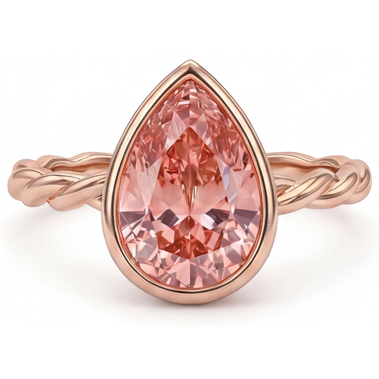 Bague Solitaire Lunette Saphir Padparadscha Pêche Naturel Poire 2,5 Carats en Or Rose 14K