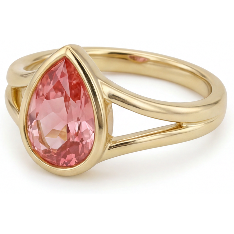 Bague Solitaire Lunette en Or Jaune 14K avec Saphir Padparadscha Véritable Taille Poire Couleur Pêche 2 Carats