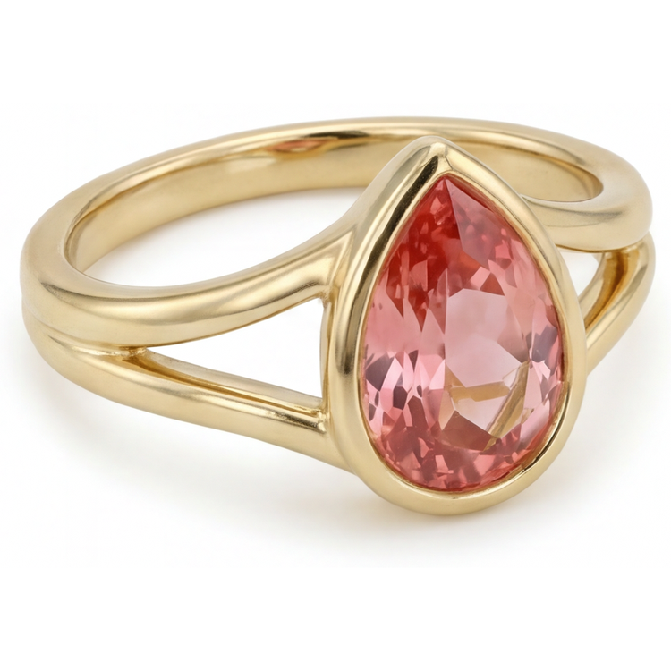 Bague Solitaire Lunette en Or Jaune 14 Carats avec Véritable Saphir Padparadscha Poire Couleur Pêche 2 Carats