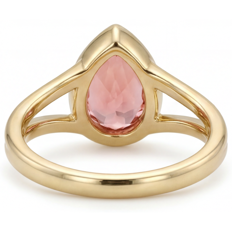 Bague Solitaire Lunette en Or Jaune 14K avec Saphir Padparadscha Véritable Taille Poire Couleur Pêche 2 Carats