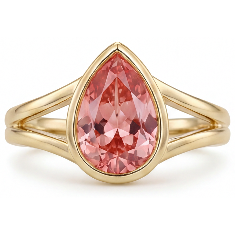 Bague Solitaire Lunette en Or Jaune 14 Carats avec Véritable Saphir Padparadscha Poire Couleur Pêche 2 Carats