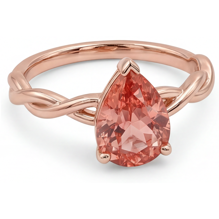Bague Solitaire Saphir Padparadscha Véritable Rose Pêche Taille Poire 2 Carats en Or Rose 14 Carats