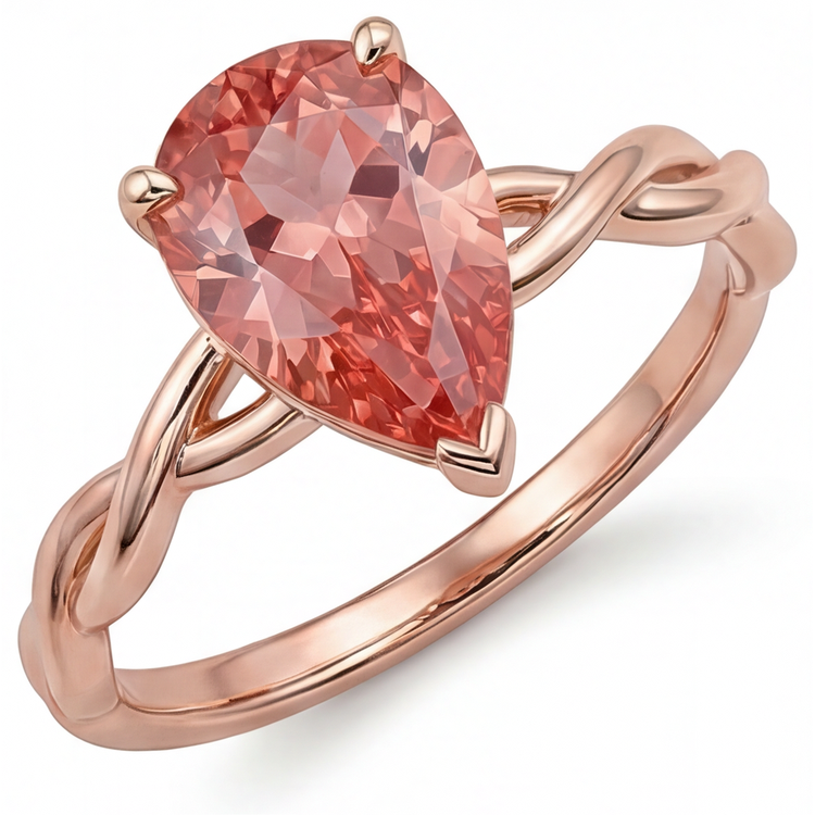 Bague Solitaire Saphir Padparadscha Rose Pêche Véritable 2 Carats Taille Poire en Or Rose 14 carats