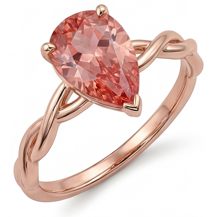 Bague Solitaire Saphir Padparadscha Véritable Rose Pêche Taille Poire 2 Carats en Or Rose 14 Carats