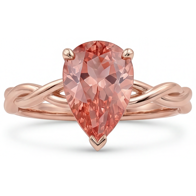 Bague Solitaire Saphir Padparadscha Véritable Rose Pêche Taille Poire 2 Carats en Or Rose 14 Carats
