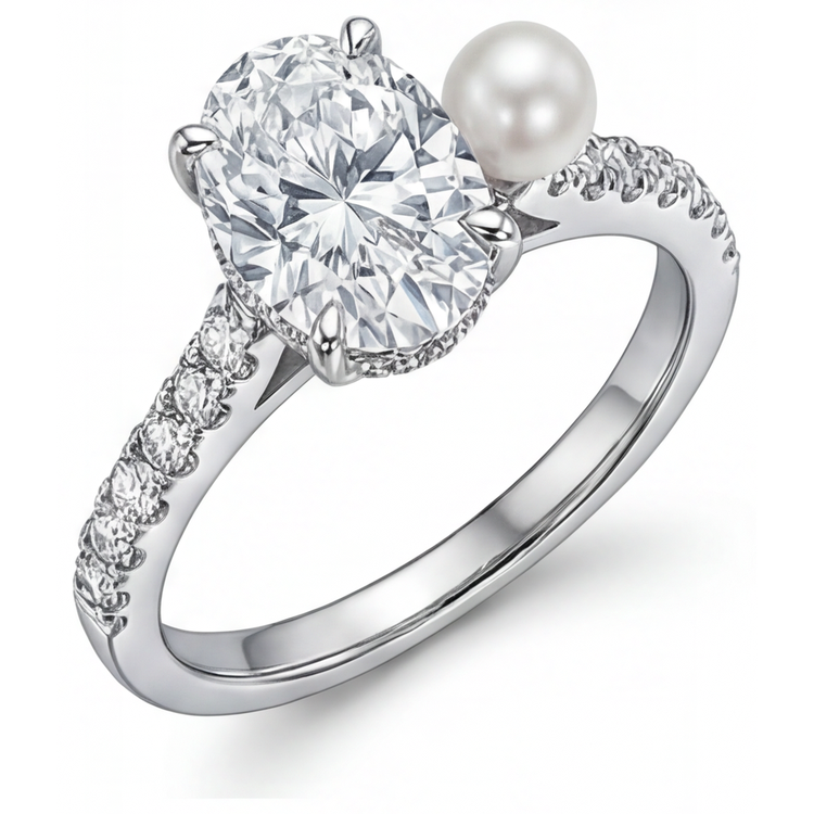 Taille Ovale Perle de Culture bague en Or Blanc 14 Carats – vue de face