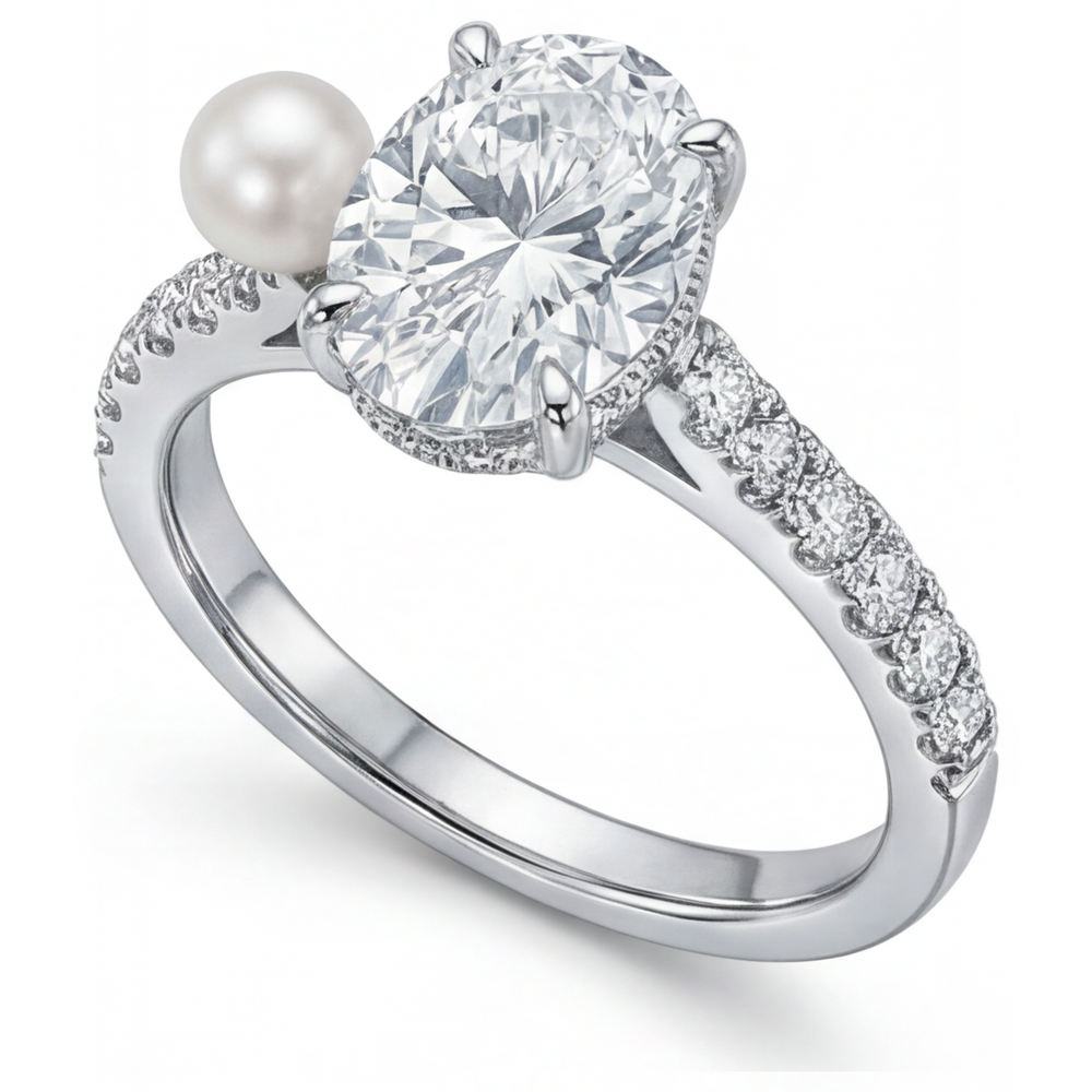 Bague Solitaire avec Accents Or Blanc 14 Carats avec Perle de Culture – vue de côté