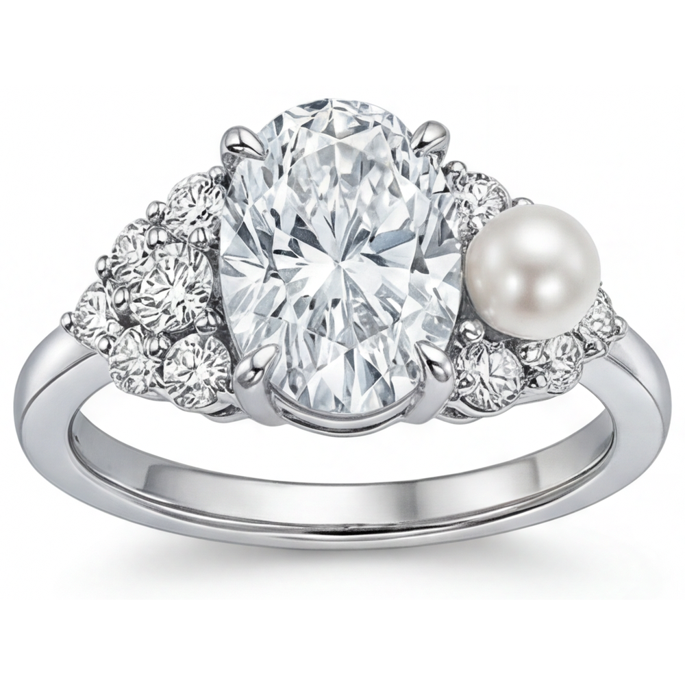 Perle des Mers du Sud Taille Ovale Bague Solitaire avec Accents en Or 14K Blanc – vue principale