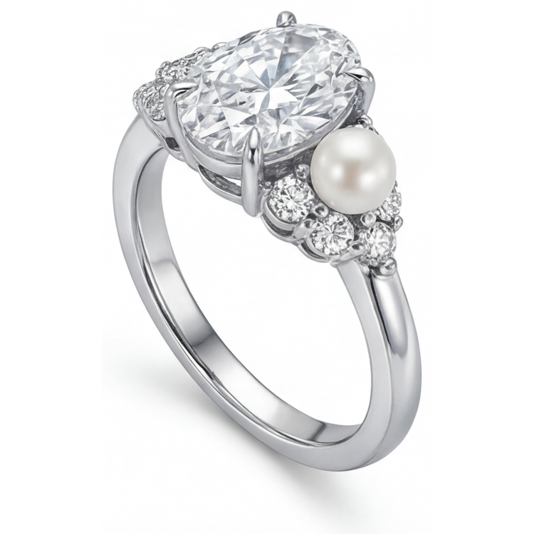 Perle des Mers du Sud Taille Ovale Bague Solitaire avec Accents en Or 14K Blanc – vue de côté