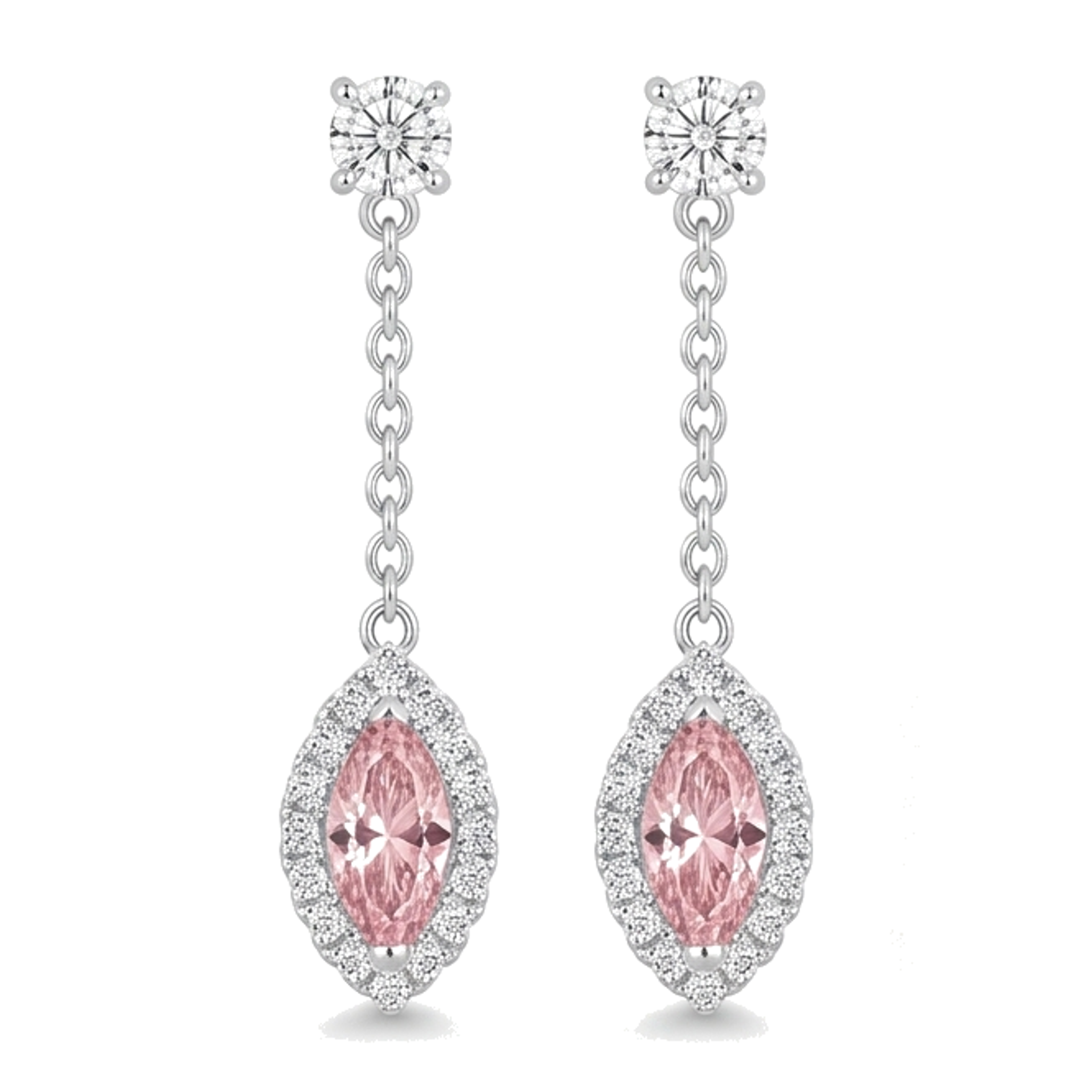 Boucles d'oreilles pendantes longues en diamant rose de laboratoire 2,5 carats, marquise halo, Or Blanc 14K