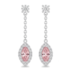 Boucles d'oreilles pendantes longues en diamant rose de laboratoire 2,5 carats, marquise halo, Or Blanc 14K