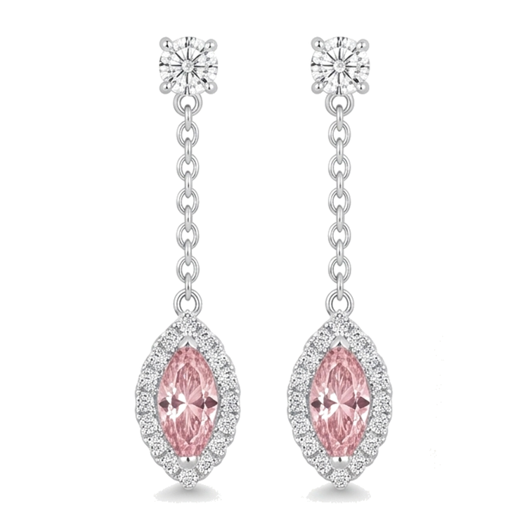 Boucles d'oreilles pendantes longues en Or Blanc 14 carats avec diamant rose de laboratoire 2,5 carats taille marquise et Halo