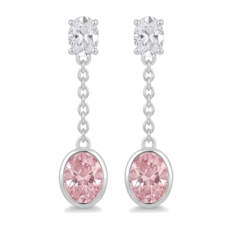 Boucles d'oreilles pendantes longues en diamant rose de laboratoire 2,5 carats, lunette ovale, or blanc 14K