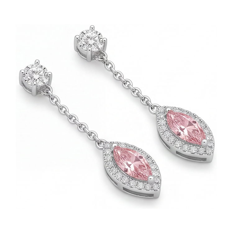 Boucles d'oreilles pendantes longues en Or Blanc 14 carats avec diamant rose de laboratoire 2,5 carats taille marquise et Halo