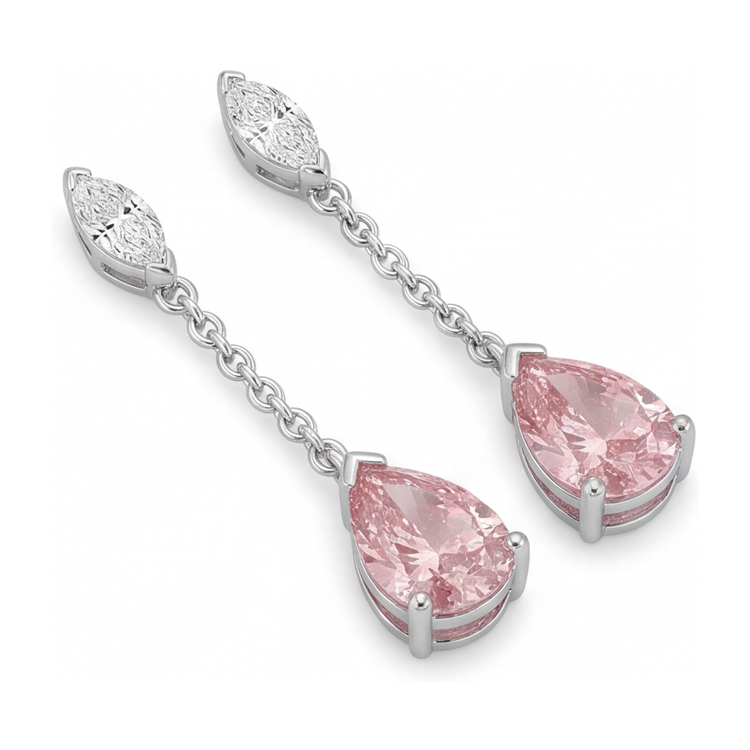 Boucles d'oreilles pendantes longues en diamant rose de laboratoire taille poire 2,5 carats en Or Blanc 14 carats