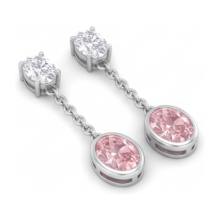 Boucles d'oreilles pendantes longues en Or Blanc 14K, diamant rose ovale de laboratoire 2,5 carats, lunette