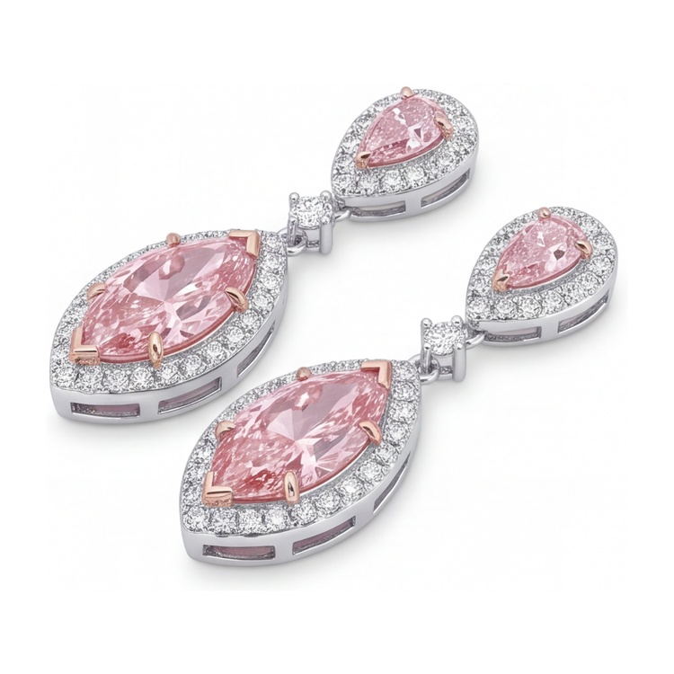 Boucles d'oreilles pendantes halo en diamant rose de laboratoire 3,5 carats taille marquise en Or Blanc 14K