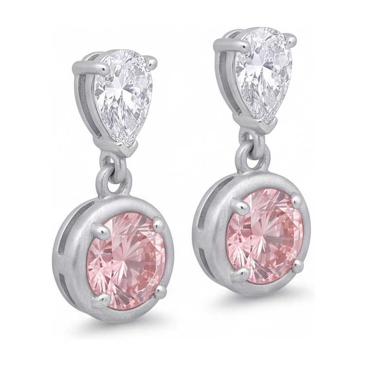 Boucles d'oreilles pendantes en diamant rose 3 carats de laboratoire, lunette ronde et sommets poire en Or Blanc 14 carats