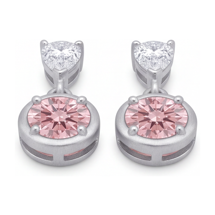 Boucles d'oreilles pendantes en diamant rose 3 carats de laboratoire, lunette ronde et sommets poire en Or Blanc 14 carats