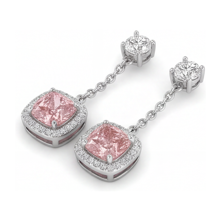 Boucles d'oreilles pendantes en Or Blanc 14 carats avec diamants roses de laboratoire 3 carats taille coussin et halo
