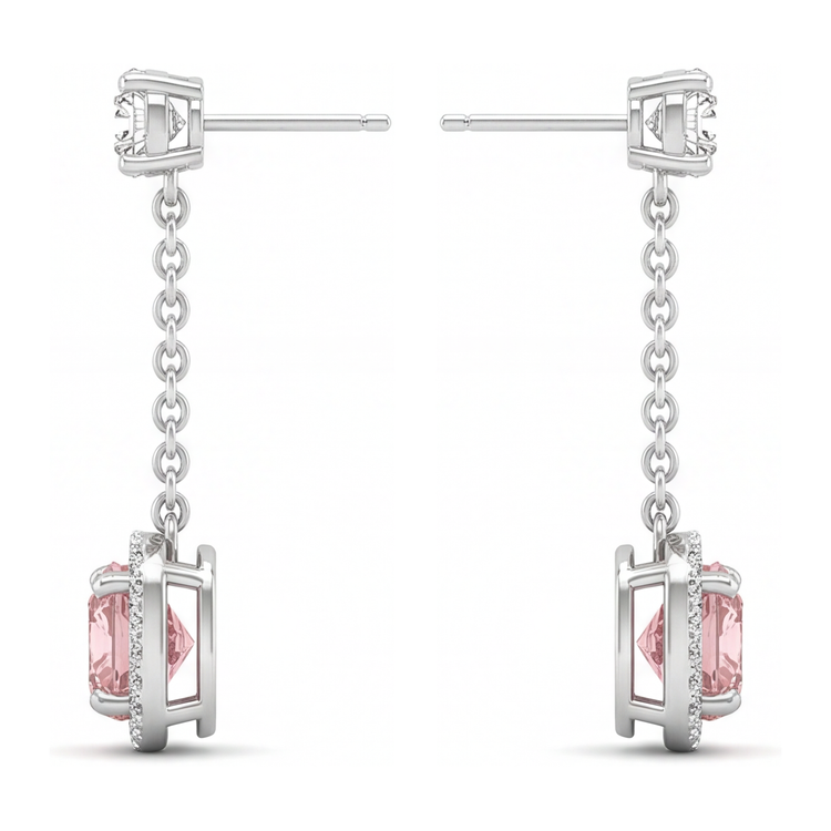 Boucles d'oreilles pendantes en Or Blanc 14 carats avec diamants roses de laboratoire 3 carats taille coussin et halo