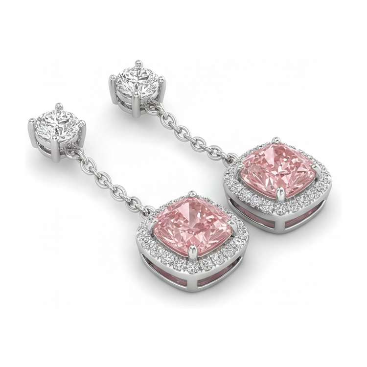 Boucles d'oreilles pendantes en Or Blanc 14 carats avec diamants roses de laboratoire 3 carats taille coussin et halo