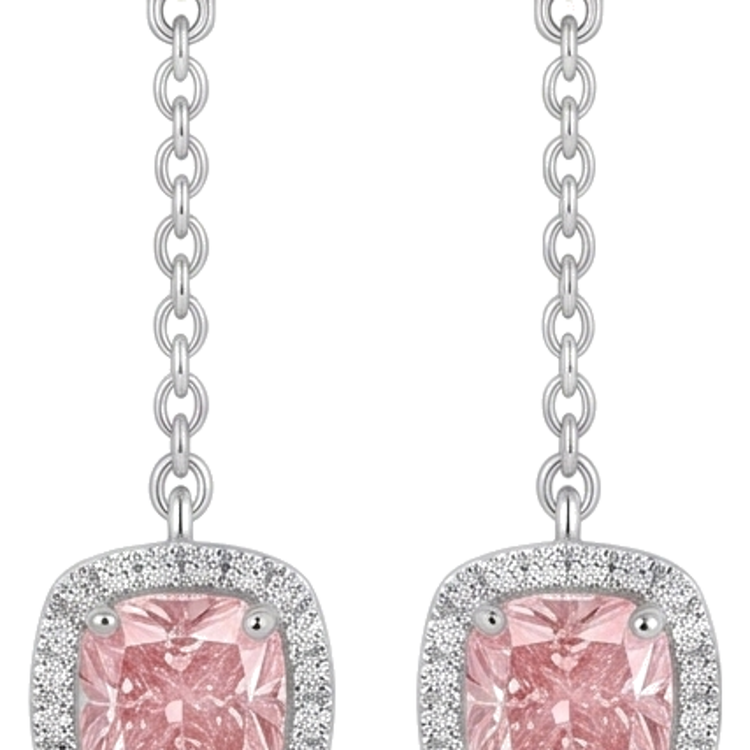 Boucles d'oreilles pendantes en Or Blanc 14 carats avec diamants roses de laboratoire 3 carats taille coussin et halo