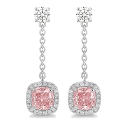 Boucles d'oreilles pendantes en Or Blanc 14 carats avec diamants roses de laboratoire 3 carats taille coussin et halo
