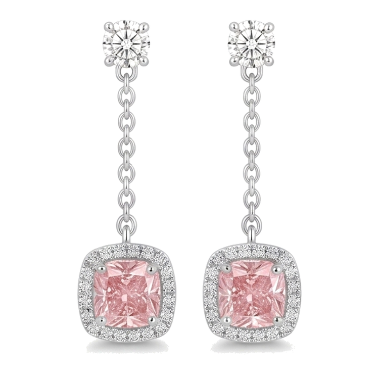 Boucles d'oreilles pendantes en Or Blanc 14 carats avec diamants roses de laboratoire 3 carats taille coussin et halo